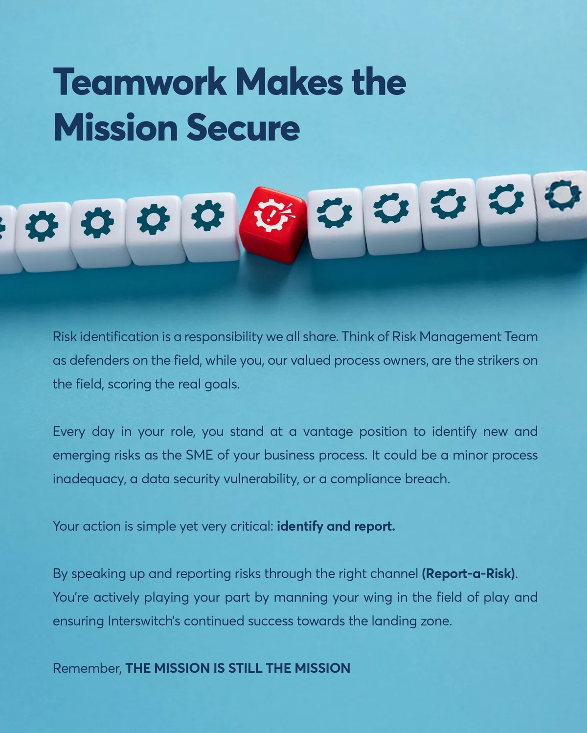 Teamwork Makes the Mission Secure — risk identification framed as a shared job rather than a rule.